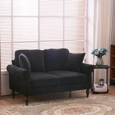 2-SEATER BLACK SOLID WOOD CHENILLE YARN SOFA - HGHOM