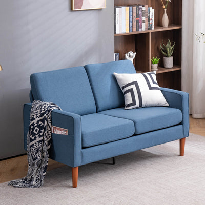 2-SEATER BLUE SOLID WOOD FABRIC SOFA - HGHOM