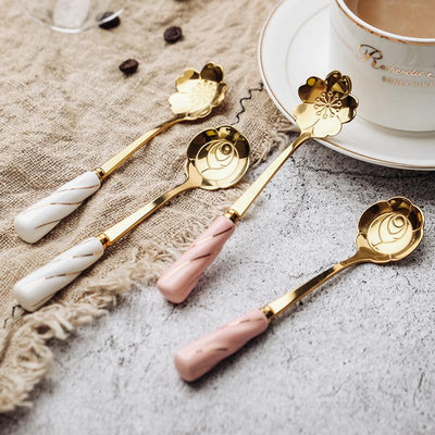 Ceramic Handle "Cherry Blossoms" Dessert Spoon Cutlery - HGHOM