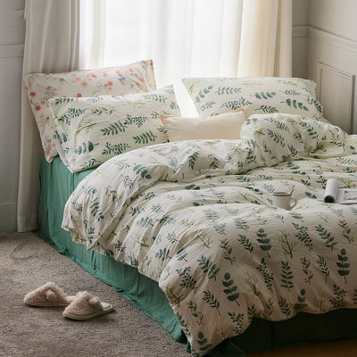 Plant Print Washed Cotton Bedding Set - HGHOM