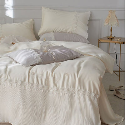 Pleated Edge Embroidered Tencel Bedding Set - HGHOM