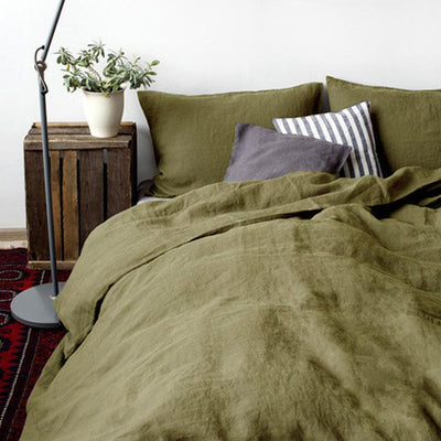 WASHED LINEN BEDDING SET-OLIVE DRAD - HGHOM