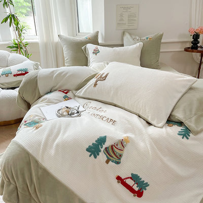 Winter Warm Christmas Tree Waffle Thickened Milk Velvet Bedding Set - HGHOM